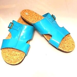 Slides Sandals Turquoise blue brass buckle patent vegan leather EUC